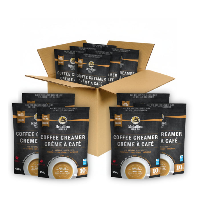 Case of Medallion Milk Coffee Creamer 12 x 450 g pouches displayed in an open box, with additional individual Original Coffee Creamer packs arranged in front.