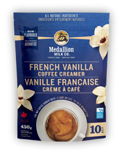 Load image into Gallery viewer, Medallion Milk Co. French Vanilla Coffee Creamer powder 450 g pouch, made with Canadian milk, all-natural ingredients, bilingual English and French packaging, vanilla flavour coffee creamer.
