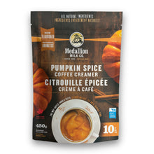 Load image into Gallery viewer, Medallion Milk Co. Pumpkin Spice Coffee Creamer 450 g pouch showing a warm autumn design with pumpkins, cinnamon sticks, and a cup of coffee. The packaging highlights that it’s made from all-natural ingredients, lightly sweetened, and produced in Canada.
