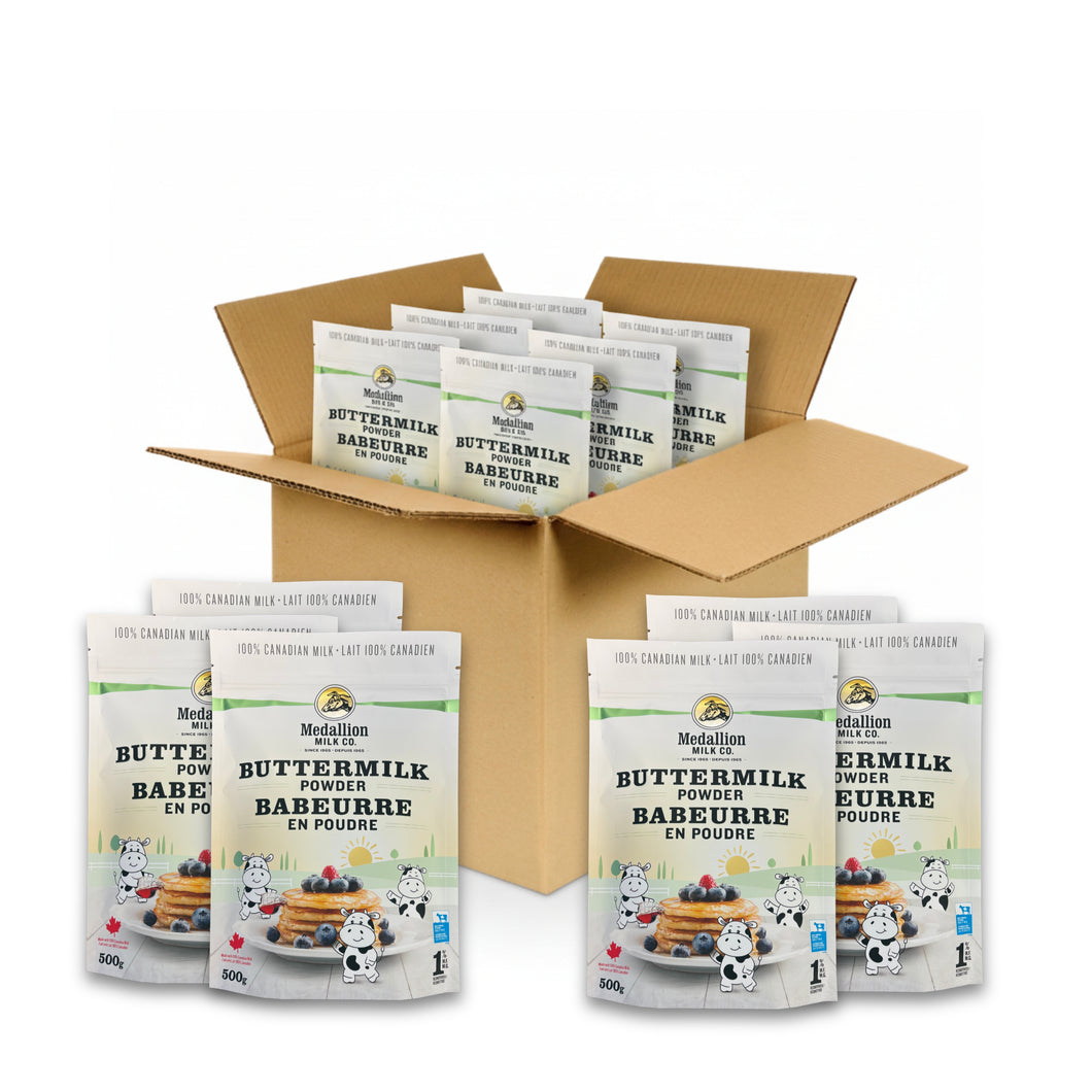 Case of Medallion Milk Buttermilk Powder 12 x 500 g pouches displayed in an open box, with multiple individual 500 g buttermilk powder packs arranged in front.